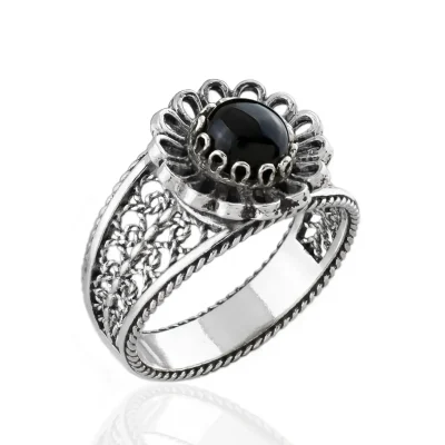 Daisy Figured Black Onyx Gemstone Filigree Art Women Silver Cocktail Ring
