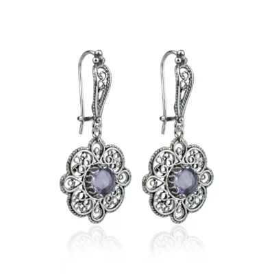Sterling Silver Filigree Art Amethyst Gemstone Women Dangle Drop Earrings