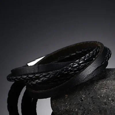 Stainless Steel Black Leather Bracelet